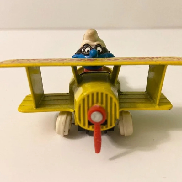Vintage 1982 ERTL Smurfs Diecast Aero Smurf Yellow Plane Toy Hong Kong - Picture 5 of 12